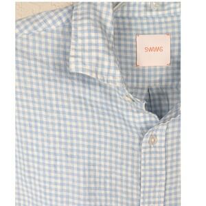 SWIMS Mens Gingham Linen Long Sleeve Button Down Shirt‎ Blue White - M